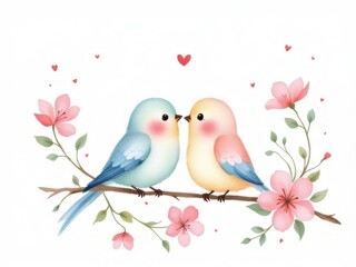 Naklejka premium Lovebirds on a Branch with Spring Flowers for Posters, Cards, Prints