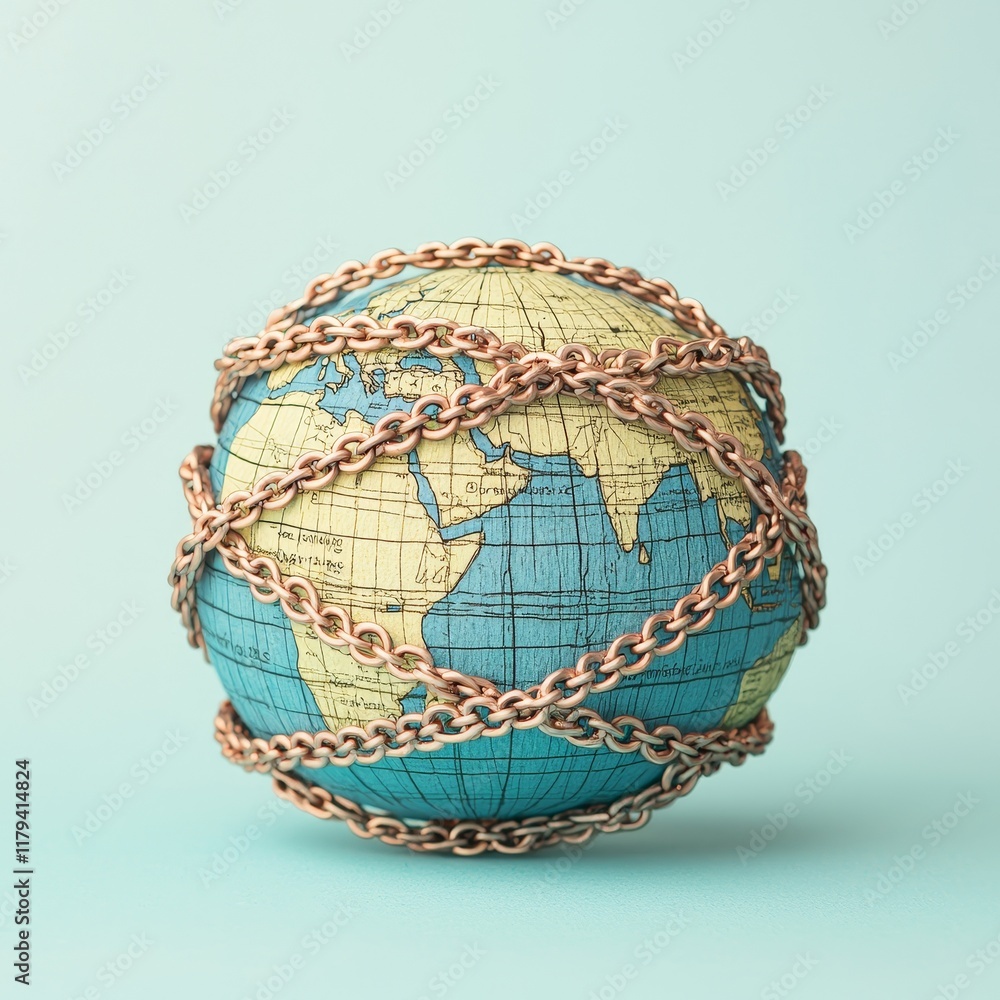 Poster export ban concept. world globe wrapped in chains representing restriction or isolation.