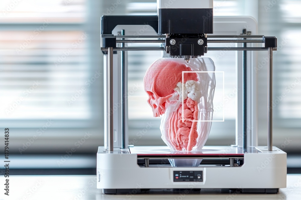 Poster solution engineering in biomedical concept. 3d printer creating a model of a human organ in a modern