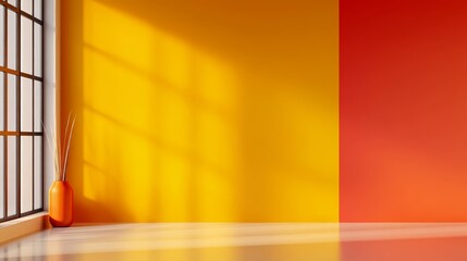 A bright interior with an orange vase against a yellow and red wall.