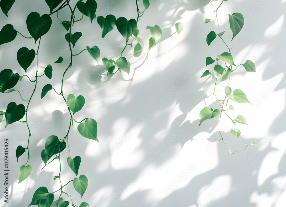 Poster sunlit green vines cast leafy shadows on a clean white background creating artful patterns
