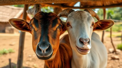 Two goats standing close together under a rustic shelter in a rural farm setting during daylight hours