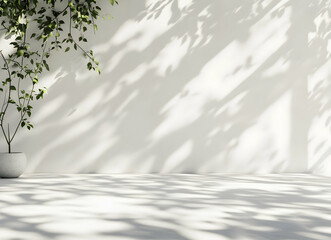 Minimalist Plant and Shadows on White Wall with Leafy Greenery in Sunlit Interior Space