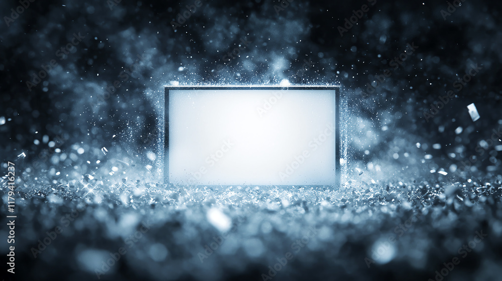 Poster digital billboard with blank screen surrounded by sparkling particles