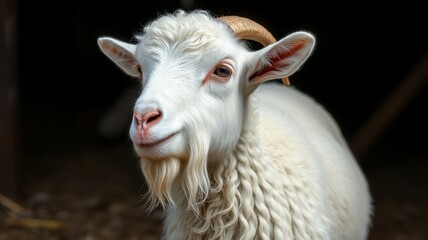 Fototapeta premium White goat with curly fur and expressive eyes in farm setting during daylight