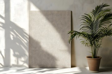A minimalist interior scene featuring a plant and a textured panel casting shadows.