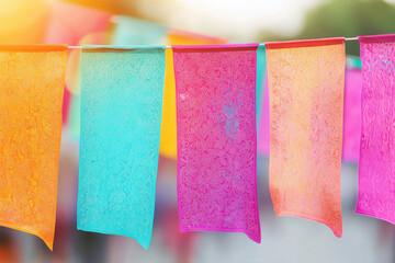 Naklejka premium Colorful flags with intricate patterns flutter in sunlight