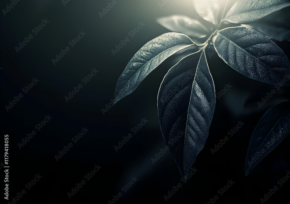 Poster moody macro shot of dark leaves illuminated by subtle light in tranquil and calm setting