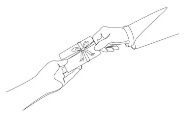 Continuous one line drawing of staff giving gift voucher to customer, shopping reward, shopping returns concept, single line art