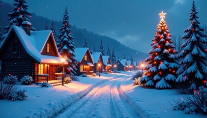 Snowy village scene with festive lights and Christmas trees, cozy, decorations
