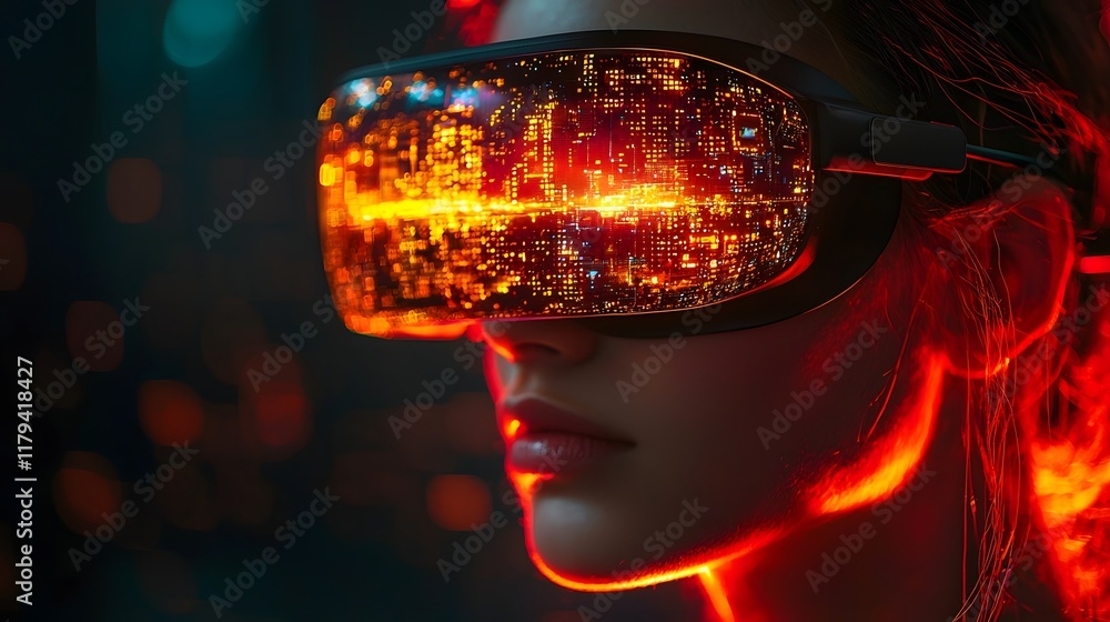 Poster innovative vr developer designing captivating 3d game worlds with glowing landscapes and characters