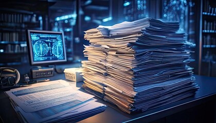 Huge Stack of Documents on Desk in Dark Office Papers Files Night Work Data Overload