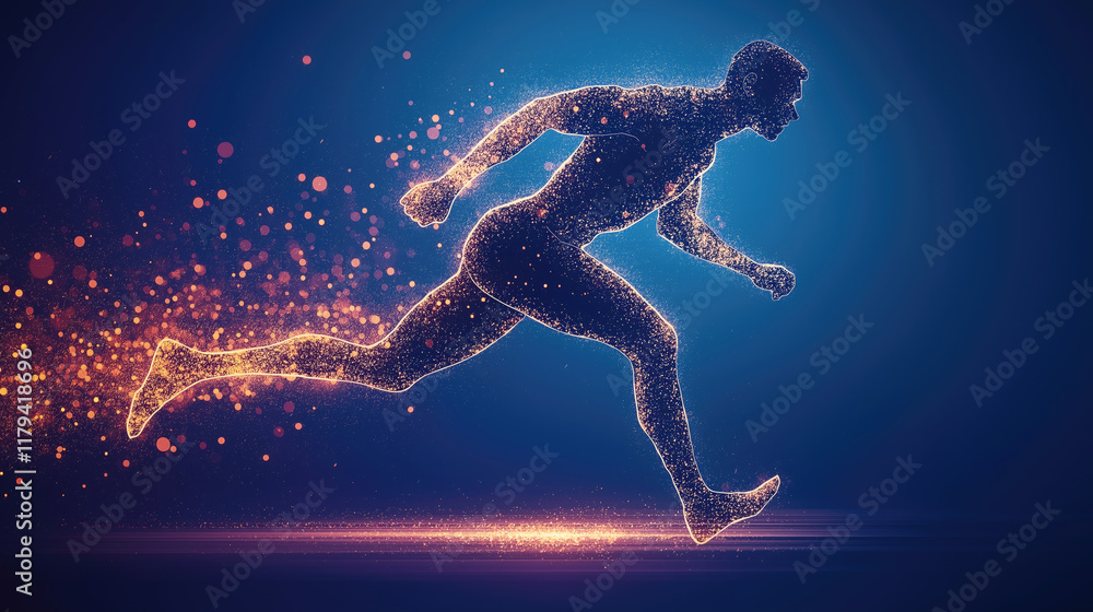 Poster dynamic digital silhouette of a running man in a futuristic sparkling style