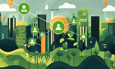 Urban landscape with green elements and technology icons. - Powered by Adobe
