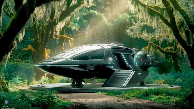 A sleek and futuristic spaceship parked in a dense forest clearing, surrounded by tall, moss-covered trees, with a soft beam of sunlight streaming through the foliage, giving the scene a mysterious an