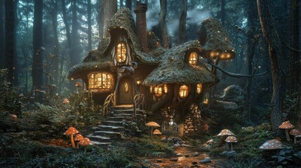 Obraz premium Enchanted Forest Cottage: A whimsical dwelling nestled amidst ancient trees, illuminated by warm lights, mushrooms scattered around the magical abode, creating an enchanting scene.