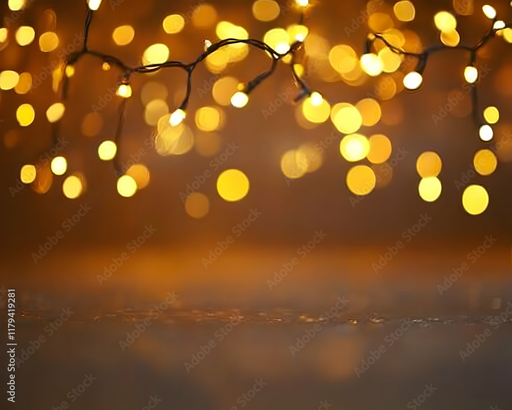 Poster golden string lights creating a warm and festive atmosphere with bokeh effect at night