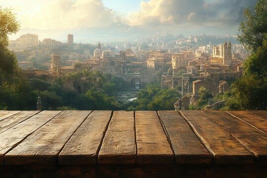 atmospheric roman cityscape with empty rustic wooden table in foreground, perfect for product placement with artistic digital enhancement
