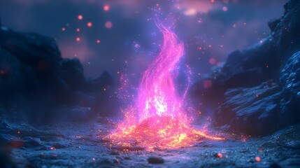 A digital flame effect with glowing embers floating upward.