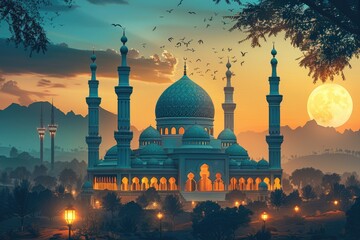 Majestic Mosque at Sunset Under a Full Moon