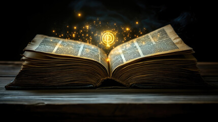 Fototapeta premium Ancient magical open book with glowing symbols and floating particles on wooden table. The concept of mysticism, rituals, astrology, fortune-telling, shamanism, tarot, seers, clairvoyants