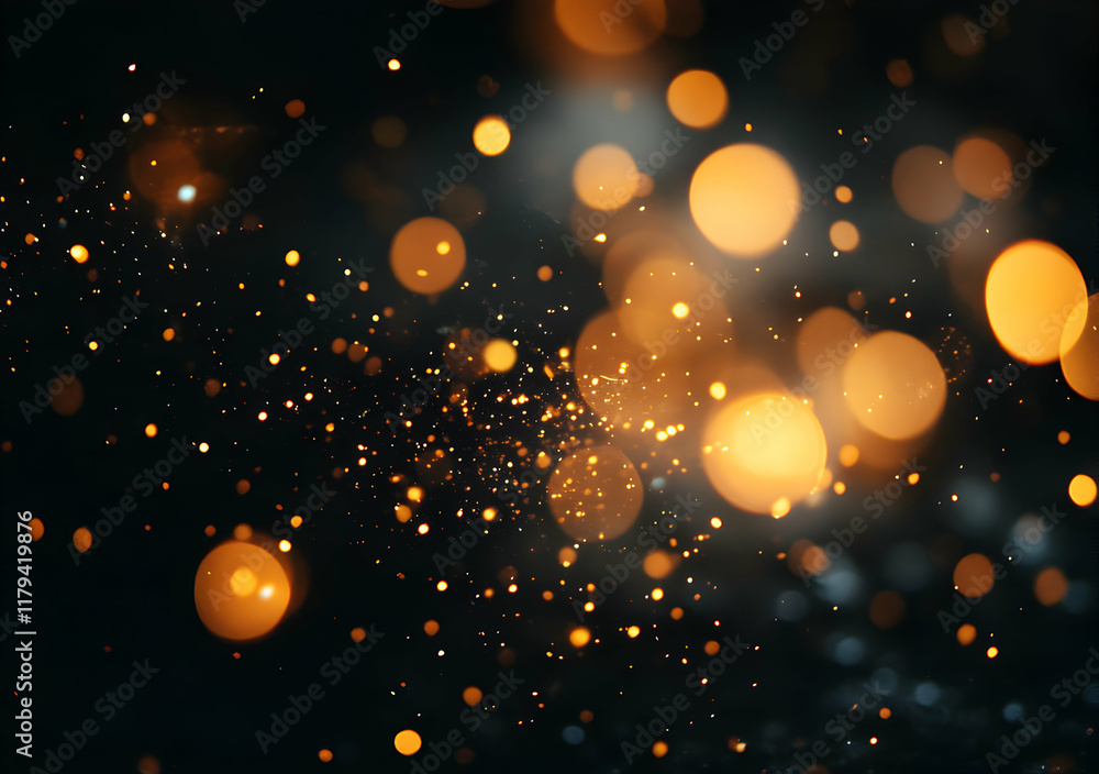 Poster Glowing Bokeh Lights in Abstract Dark Background of Golden Sparkles and Twinkles