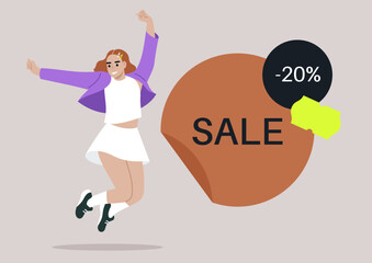 A joyful girl leaps into the air with enthusiasm, showcasing her stylish attire against a backdrop that features a prominent sale announcement, radiating energy and celebration