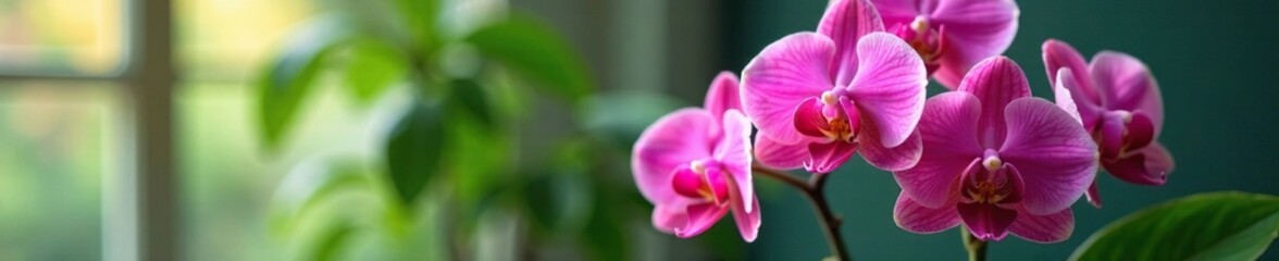 Pink orchid blooms in a vase with lush green leaves, flowers,