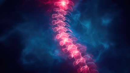 Glowing spine anatomy with vivid neural pathways in abstract blue-red background