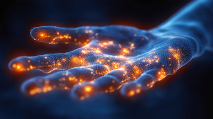 Illuminated hand with glowing particles on dark background