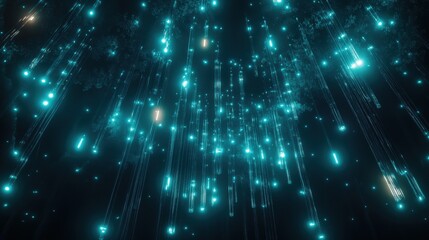 Fototapeta premium Glowing Blue Particles Falling Through a Dark Background