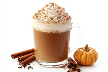 autumn comfort beverage homemade pumpkin spice latte with fresh whipped cream, cinnamon sticks and mini pumpkin on white background