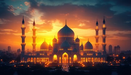 Fototapeta premium Majestic Mosque Illuminated at Sunset Cityscape