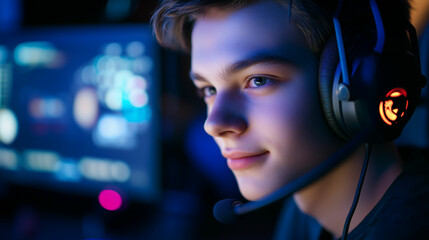Focused teenage gamer engaged in a competitive online match while wearing a headset in a dimly lit gaming room. Generative AI