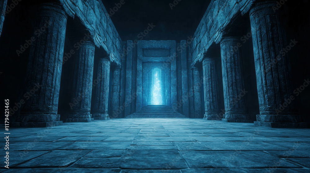 Poster ancient glowing temple with skeletal structure and ethereal light source