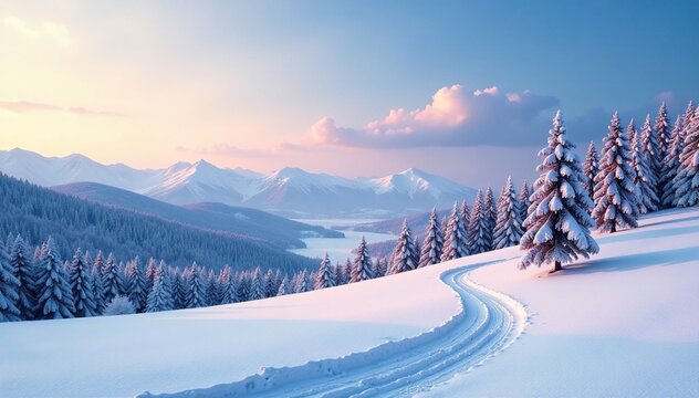 Snow-covered trees and hills stretch towards the sky on a winter afternoon, scenery, winter