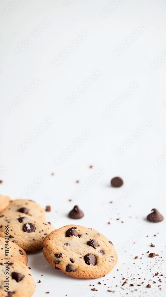 Poster chocolate chip cookies and chocolate chips levitating on a white background create a visually appeal