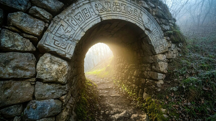 Obraz premium Ancient Stone Tunnel Carved Deep into the Side of a Foggy Meadow