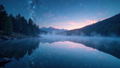 Fototapeta premium misty lake surface reflected stars calm surroundings, trees, nature, peaceful
