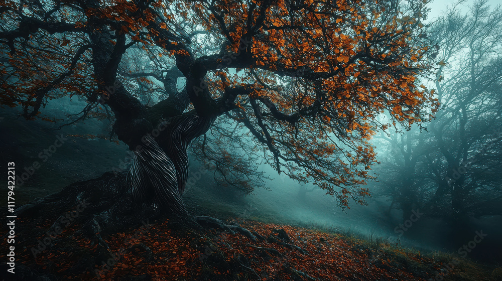 Poster ancient tree with twisted branches in foggy forest with autumn leaves