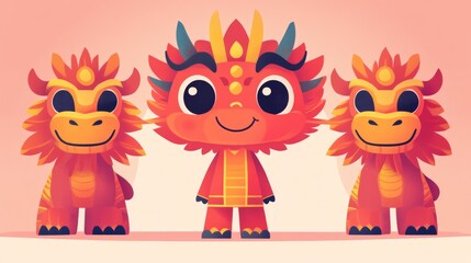 Fototapeta premium Cute red dragon trio with smiling faces and horns in cartoon. Chinese New Year