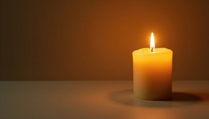 Single candle with bright warm glow on dark beige background, warmth, wax, coziness