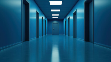 Empty Hospital Hallway at Night with Flickering Lights and Blue Walls
