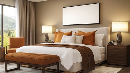 Cozy modern bedroom interior with elegant decor and natural light