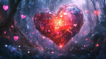 Heart Shaped Light Surrounded by Floating Hearts in Enchanted Forest