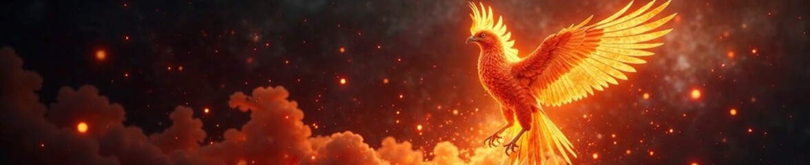 Glowing plumage illuminated against dark space, phoenix, warm