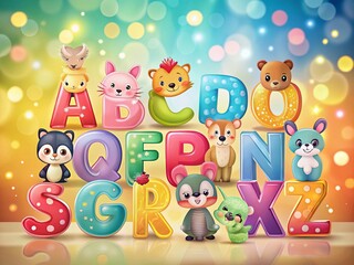 Cute Cartoon Alphabet with Playful Animals, Bokeh Background - Stock Photo