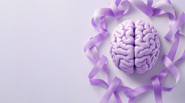 Purple day, epilepsy awareness concept. Purple Brain with Awareness Ribbon Halo