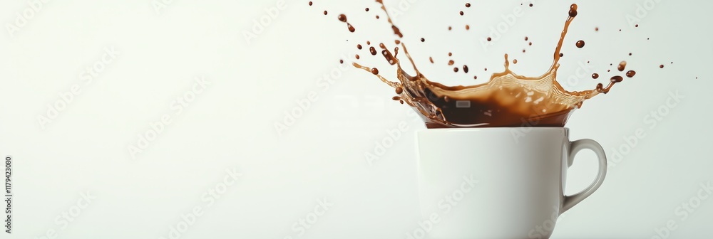 Poster coffee splashing out of a white mug against a plain background creates a dynamic scene, with droplet