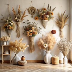 arrangement of dried flowers on the wall and floor in the room decor